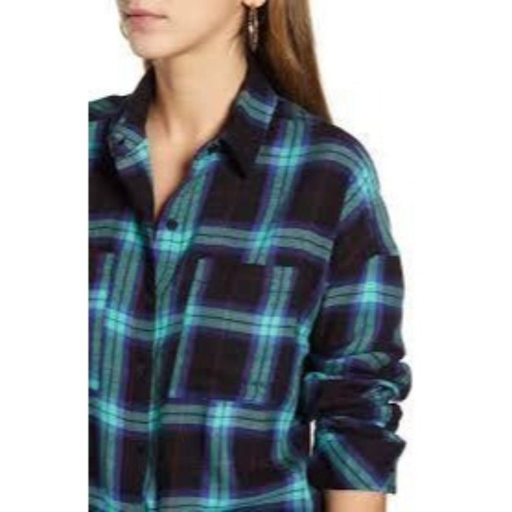 BP Womens Top Blue XS Plaid Button Up Boyfriend Shirt Roll Tab Sleeves NEW